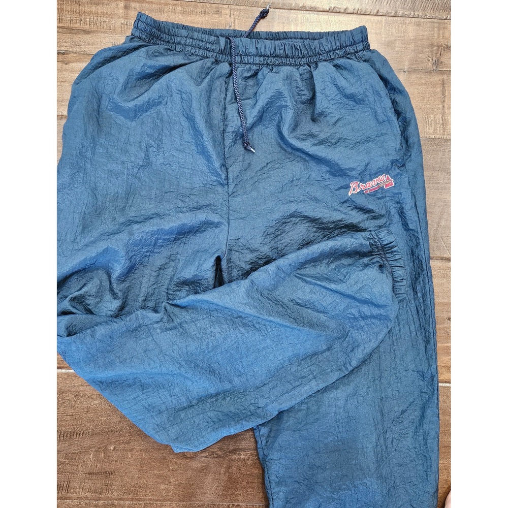 Vtg Atlanta Braves Baggy Track Pants Large Navy Blue Nylon Windbreaker Jogger